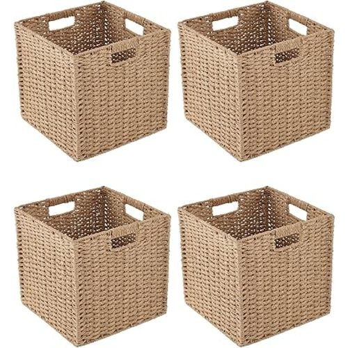 Paper Woven Foldable Storage Baskets 4 Pack, 11 Inch Cube Storage Bins, Handmade Paper Material Collapsible Organizer for Shelves & Home Organization, Ideal for Clothes Books Toys Snacks (Natural)
