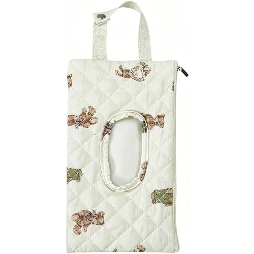 Quilted Baby Wipe Holder Quilted Wipe Pouch Portable Hanging Floral Wet Wipes Bag for Car, Stroller (Bear 3)