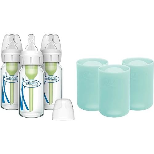 Dr. Brown's Anti-Colic Options+ Narrow Glass Baby Bottles 4 oz/120 mL, with Level 1 Slow Flow Nipple, 3 Pack 0m+ with Mint 100% Silicone Sleeves, BPA-Free