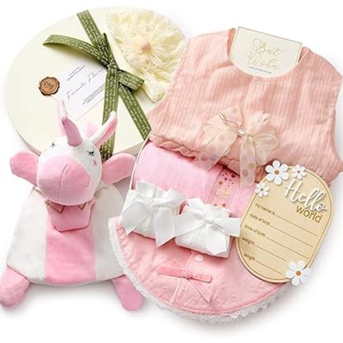 Newborn Baby Girl Gift Set, 9PCS Baby Shower Gift Box with Onesie Blanket Hand Puppet Milestone Card, New Born Essentials Birthday Present Hospital Homecoming Photography Outfit for Girls