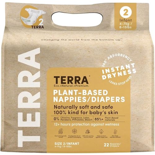 Terra Size 2 Diapers: 85% Plant-Based Diapers, Ultra-Soft & Chemical-Free for Sensitive Skin, Superior Absorbency for Day or Nighttime Diapers, Designed for Babies 8-15 Pounds, 22 Count - Size 2 (22 Count)