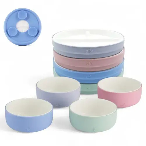 Kids Porcelain Mealtime Bundle | Suction Sleeves | 6.7" Plates + Bowls | 8 Pcs | Blush/Lilac/Sage/Misty Blue