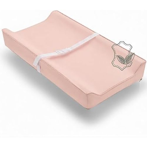 Vegan Leather Contoured Baby Changing Pad | Waterproof & Wipe-Clean PU Leather Diaper Change Mat, Soft, Wipeable Cover, Safety Strap, Non-Slip Bottom, Topper for Standard Infant Diaper Table & Dresser