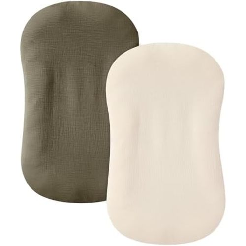 guruixu Muslin Baby Lounger Cover 2 Pack, 100% Cotton Infant Lounger Cover, Soft & Breathable Replacement Slipcover, Compatible with Snuggle Me Newborn Lounger (Dark Olive,Cream)
