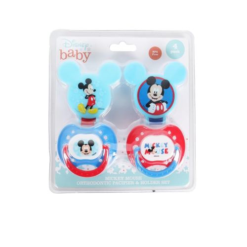Disney Cudlie Mickey Mouse Baby Boy 4 Pack of 2 Pacifiers & 2 Clips with Old Time Mickey Print