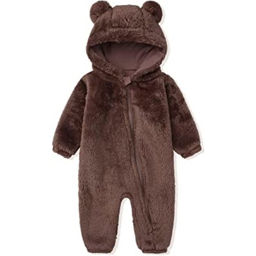 Babymine Newborn Baby Bear Fleece Hooded Romper Fall Warm Outfit Clothes | Baby Boys & Girls Winter Snowsuit Cute Fleece Lined Onesie With Mittens and Footies for Infant,0-18 months