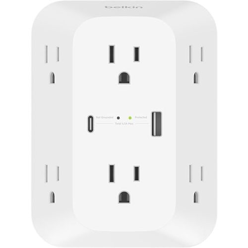 Belkin 6-Outlet Surge Protector Power Strip, ETL-listed, Wall-Mountable w/ 6 AC Outlets, Overvoltage Protection, LED Indicator, USB-C & USB-A Ports w/ USB-C PD Fast Charge - 1,680 Joules of Protection