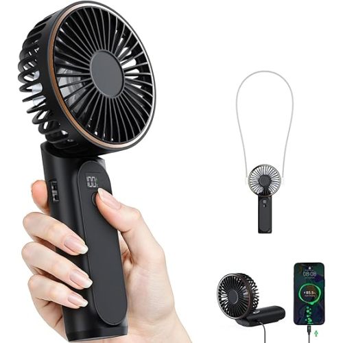 TUNISE Portable Handheld Fan, Portable Fan Rechargeable, 4000mAh, 180° Adjustable, 6 Speed Wind, Display Electricity in Real Time, USB Rechargeable Foldable F an, Quiet Personal Fan as Power Bank