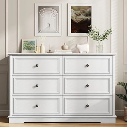 White Dresser, 6 Drawer Dressers for Bedroom, Wide Chest of Drawers with Deep Drawers, Closet Dressers with Metal Handle, Wood Dresser for Living Room, Hallway, Closet