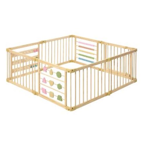ZETY Wooden Baby Playpen 63"x63" 8 Panel, Geometry Activity Play Yard, Natural Pine