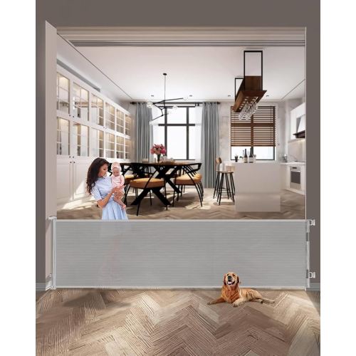 dearlomum Retractable Baby Gate,Mesh Baby Extra Wide Gate,Extra Long Dog Gate,33" Tall,Large Extends up to 118" Wide,Child Safety Extra Large Gate for Doorways, Stairs, Indoor/Outdoor（Grey,33"x118"）