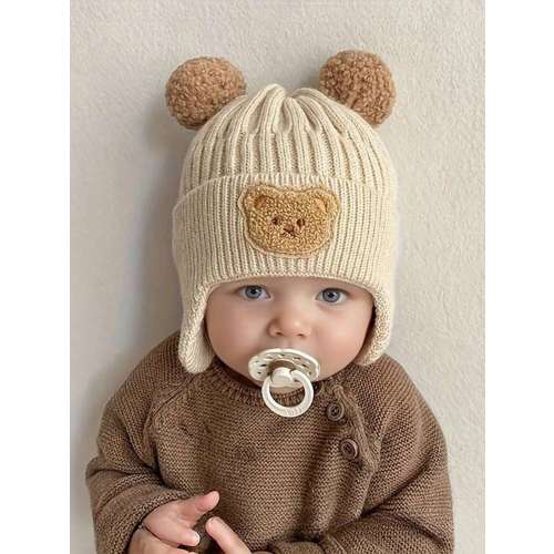 1pc Cute Bear Ear Warmer Knitted Baby Hat For Winter, Korean Style Toddler Thick Warm Beanie Cap, Ear Flap Style Knitted Beanie Hats Set With Pom, Comfy & Soft & Elastic &Thickened, Perfect For Winter Outings | SHEIN USA