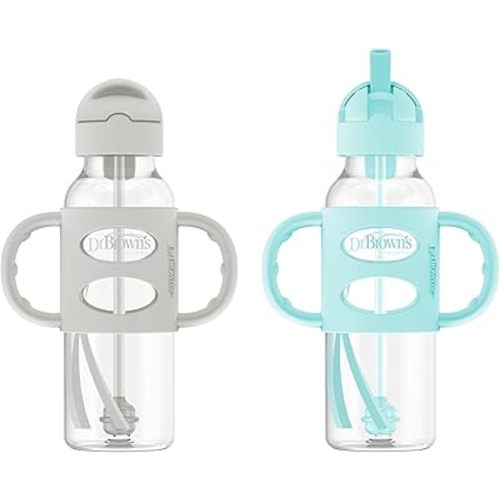 Dr. Brown's Milestones Narrow Sippy Straw Bottle, Spill-Proof with 100% Silicone Handles and Weighted Straw, 8 oz/250 mL, Gray & Green, 6m+