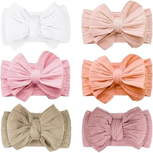 Baby Bows Headbands Soft Nylon Handmade Hair Accessories for Newborn Infant Toddler Kids (6 Mixed Pink, Large)
