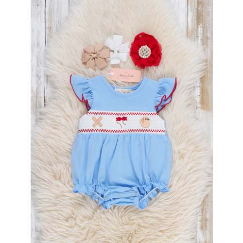 Home Run Batter Smocked Cotton Ruffle Bubble Romper