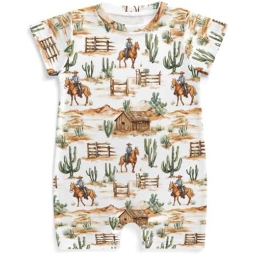 Western Cowboy Horse Baby Bodysuit Boy Vintage Cactus Barn Farm Romper Wild West Bodysuit Clothes