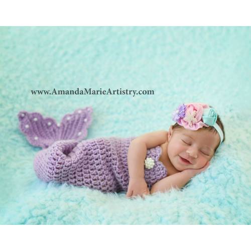 Crocheted Mermaid Tail & Flowers, Pearl Starfish HEADBAND Newborn Mermaid Outfit Baby Mermaid Photo Prop - Mermaid Princess -girl Bodysuits