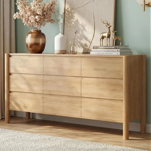 63" Wide Oak Dresser for Bedroom, Mid Century Modern 9 Drawer Chest of Drawers with Hidden Handles & 4 Solid Wood Cylindrical Legs, Large Wood Storage Dresser for Bedroom