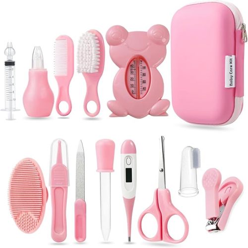 PandaEar Baby Healthcare and Grooming Kit, Baby Safety Set Baby Comb, Brush, Finger Toothbrush, Nail Clippers, Scissors, Nasal Aspirator, Baby Essentials Nursery Care Kit (13-in-1 Pink)
