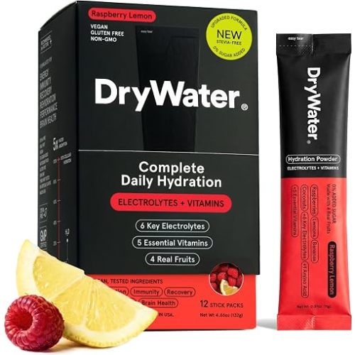 DryWater® Electrolyte + Vitamin Hydration Powder Packets, Raspberry Lemon (Stevia-Free), 1,000mg Potassium, Real Organic Fruit, NSF Certified Sport, Nothing Artificial, No Added Sugar (12 Stick Packs)