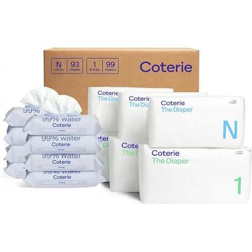 Coterie Baby Wipes + Diapers Kit, Size 1 (99 Count) & Size Newborn Diapers (93 Count), 8 Pack (448) Baby Wipes with 99% Water, Plant Based Materials, Hypoallergenic for Sensitive Skin