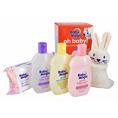 Baby Magic Oh Baby! Baby Essentials Gift Set | (1) Each 9oz Gentle Hair & Body Wash, 9oz Calming Baby Bath, 9oz Gentle Baby Lotion, 80ct Unscented Wipes and Bonus Bunny Lovie