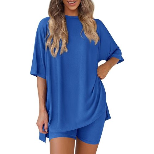 Women 2 Piece Lounge Set 2026 Summer Casual Oversized Shirts Biker Shorts Matching Airport Travel Outfit Clothes