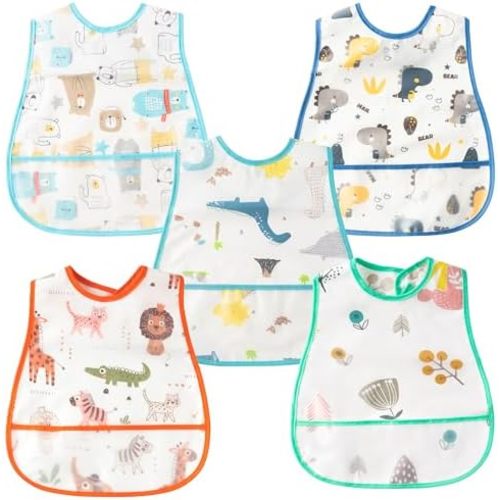R HORSE 5Pcs Baby Bibs Set Toddler Bibs with Crumb Catcher Pocket & Snap Button Waterproof Baby Feeding Bibs for 6-24 Months