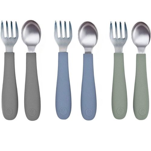 WeeSprout Toddler Utensils, 3 Forks & 3 Spoons, 18/8 Stainless Steel & Food Grade Silicone - Matte Dark Gray, Blue, Green
