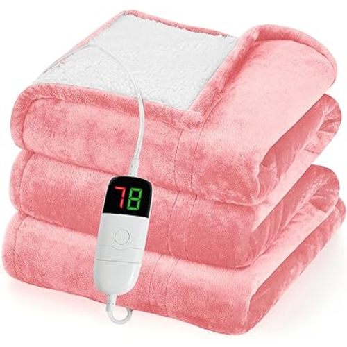 greenoak Heated Blanket Electric Throw 50"X60", Heating Blanket with 10 Heat Levels 1/2/4/6/12 Hours Auto-Off Overheat Protection, Flannel Sherpa Soft Warm Heater, ETL Certified Baby Pink