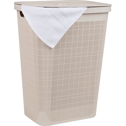 Mind Reader 60L Slim Laundry Hamper, Clothes Basket, Lid, Linen Design, Plastic, 18.25”L x 14.25”W x 23.5”H, Ivory