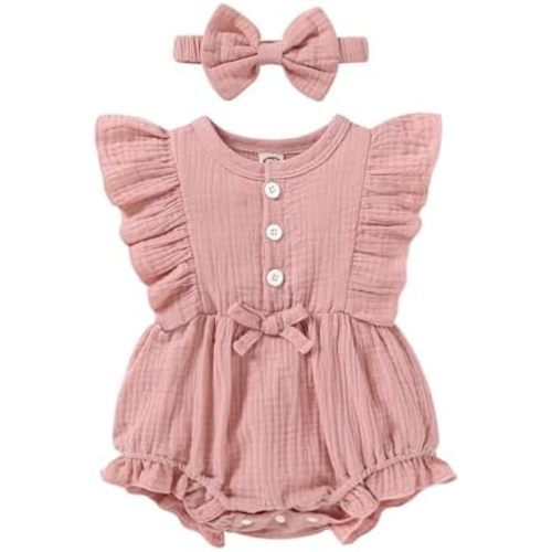 Happy Town Newborn Baby Girl Summer Clothes Infant Linen Romper Ruffle Sleeve Baby Girl Jumpsuit Outfits