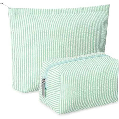 2 Pcs Makeup Bag Set Cute Cosmetic Pouch for Women Seersucker Travel Toiletry Bag Preppy Small Makeup Purse Pouch Aesthetic Skincare Brushes Storage Organizer for Valentine Women(Green)