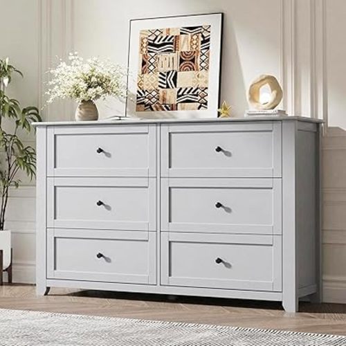 GarveeHome 6 Drawer Dresser for Bedroom, Grey Dresser with Deep Drawers & Metal Knobs, Large Modern Wooden Chests of Drawers for Entryway, Hallway