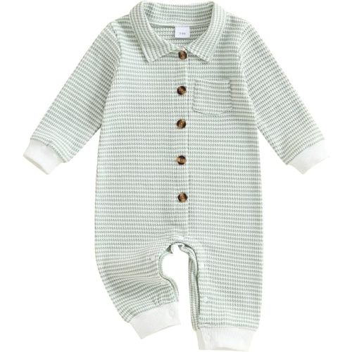 Baby Boy Fall Clothes Stripe/Solid Color Romper Long Sleeve Collared Button Down Jumpsuit Newborn Winter Outfit