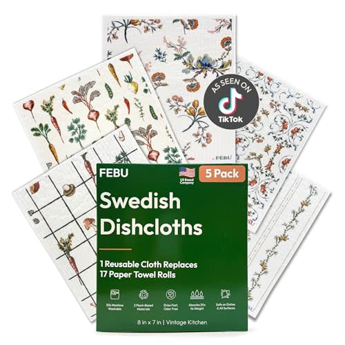 FEBU Swedish Dishcloths for Kitchen, 5 Pack, Vintage Kitchen | Reusable Paper Towels Washable, Non-Scratch Cellulose Sponge Cloths, No Odor, Biodegradable