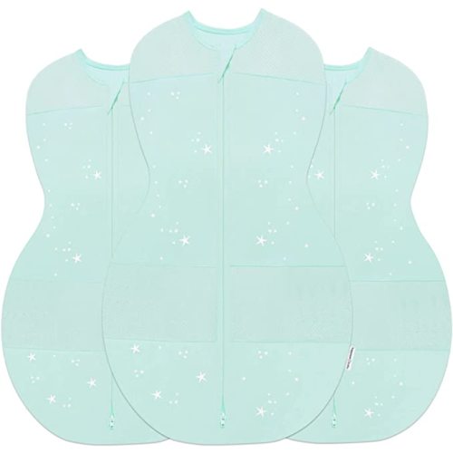 Happiest Baby Sleepea 5-Second Swaddle - 100% Organic Cotton Baby Swaddle Blanket - Doctor Designed Promotes Healthy Hip Development - 3-Pack Newborn Bundle (Teal Stars, 2 x Small, 1 x Medium)