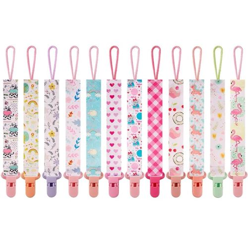 12 Pack Pacifier Clips with Strap 25.5cm - Premium Polyester Baby Pacifier Holder Set, Multi-Design Clips for Girls Boys(Multi Color B)
