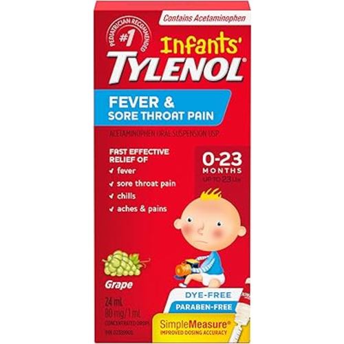 TYLENOL Infants' Fever and Sore Throat Pain Medicine, Oral suspension drops, Relieves Fever and Sore Throat Pain, Grape Flavour, 24mL