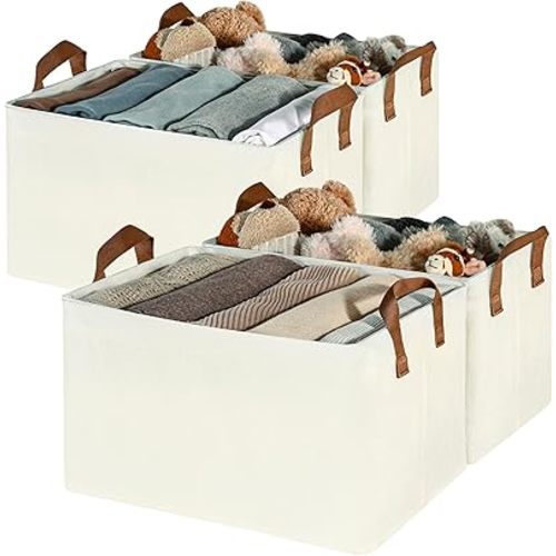 GRANNY SAYS Closet Storage Baskets, Collapsible Fabric Storage Bins with Metal Frame, Clothes Organizer Bins, Large Baskets for Shelves, Ivory, 4-Pack