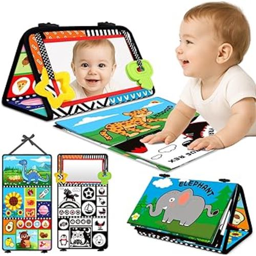 Baby Toys 0-6 Months - Tummy Time Toy Black and White High Contrast Newborn Toys - Baby Mirror with Cloth Book Teether - Montessori Sensory Crinkle Toy for Infant 0-3-6-12 Month Boy Girl Shower Gifts