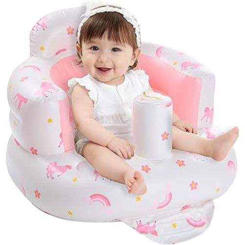 Inflatable Baby Seat for Babies 3-36 Months, Blow Up Floor Chair with Built-in Air Pump & Spine Support, Portable Sit Me Up Seat for Home, Travel, Beach, Learning to Sit (Unicorn)