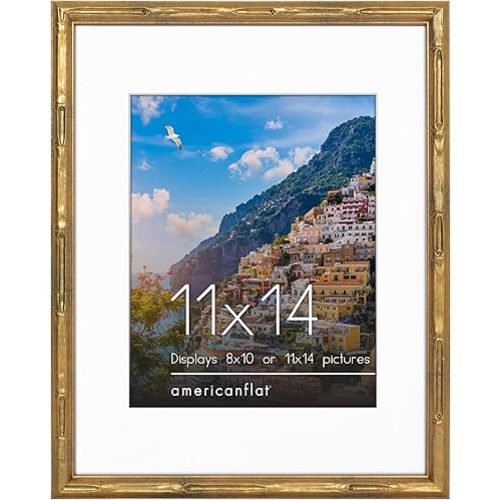 Americanflat 11x14 Picture Frame with Bamboo Design and Shatter-Resistant Glass - Use as 8x10 Frame with Mat or Display 11x14 Photo Without Mat - Elegant Gold Bamboo Frames for Wall Display - Gold