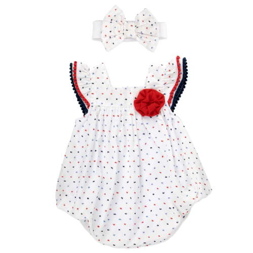Baby Essentials 9 Months Infant Girls Romper with Matching Headband 100% Cotton Spring Summer Outfit in White Blue Red Rose
