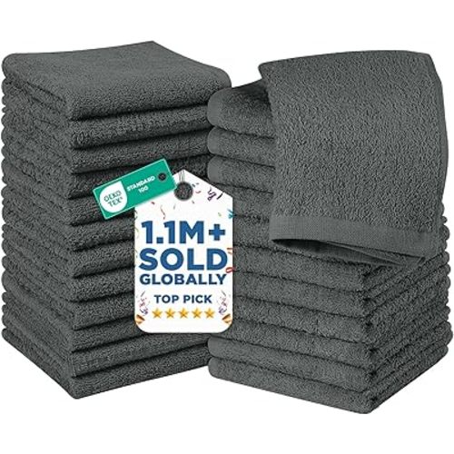 DAN RIVER 24 Pack Wash Cloths for Showering [12x12] - 100% Cotton Washcloths Premium Quality Flannel Face Cloths for Bathroom, Highly Absorbent and Soft Feel Wash Clothes, Gray