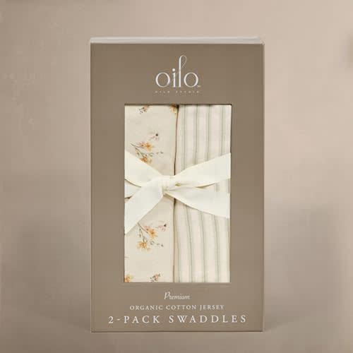 Oilo Premium Muslin Swaddle Blanket Set, Breathable 100% Organic Cotton 4-Way Muslin, Soft Large Receiving Blanket (46" x 46"), 2-Pack, Heirloom Organic Collection, Dainty Floral & Sea Moss Stripe