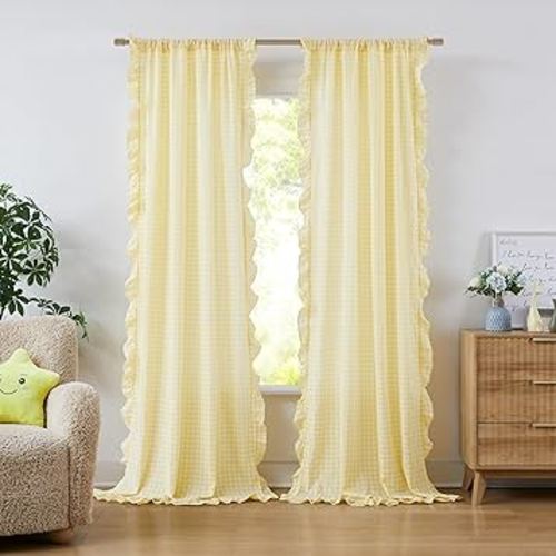 ZJDECOR Shabby Chic Yellow Ruffled Curtains 84 Inches Long,Rustic Buffalo Plaid Crinkled Not-See-Through Sheer Drapes,Farmhouse Window Treatment for Bedrooms Living Room,Rod Pockets,40"x84",Pack of 2