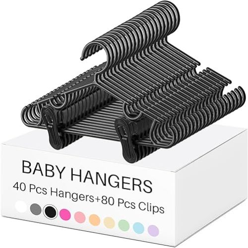 Hsei Nursery Hangers with Clips for Kids Baby Pants Hangers 10/20/40 Newborn Plastic Hanger with 20/40/80 Clip for Closet Toddler Clothes Coat Skirts Socks(Black,120 Packs)