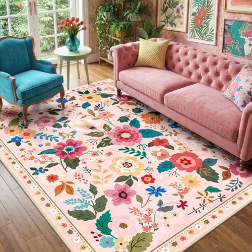 RELEANY Floral Washable 5x7 Area Rugs Pink | Flower Carpet, Print, Boho, Non-Slip, Easy to Clean, Soft, Low Pile for Living Room Bedroom Kitchen Office Entryway Hallway