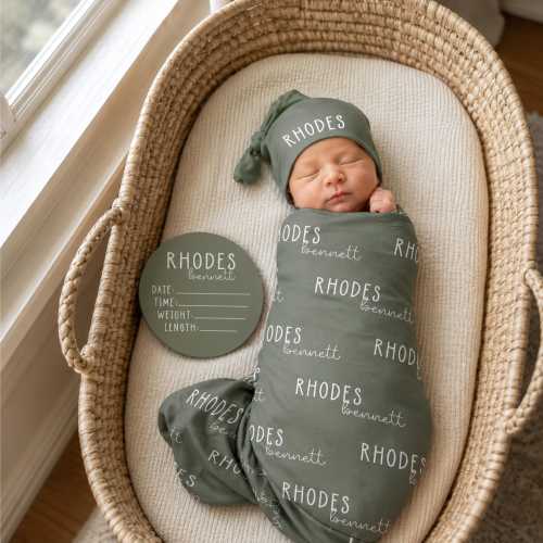 Personalized Baby Swaddle Set, Custom Newborn Blanket with Name Hat, Baby Coming Home Outfit, Optional Name Sign Add On JS55
